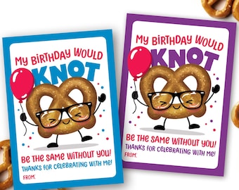 Printable Classroom Birthday Treat Tag, Pretzel Snack Tag for School Birthday Party Favors Students Kid Take Home Goodie Bag Tags for Knots