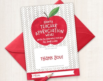 Teacher Appreciation Week Gift PRINTABLE Gift Card Holder Teacher Thank You Card Teacher Gift from Student PTO PTA Apple Gas Card Target Tag