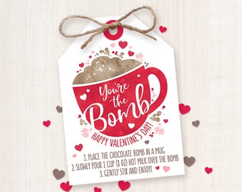 Hot Chocolate Bomb Tags Printable Hot Cocoa Bomb Tags Instructions, Valentine Gift Tags, Valentine Tags, Printable Teacher Valentine Gifts