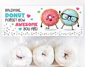 PRINTABLE Donut Valentine Treat Bag Topper for Valentines Day Classroom Parties Snack Tags Teacher Greeting Card Dougnuts Mini Donuts School