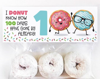 Printable 100th Day of School Donut Treat Tags for Students Snack Back Topper Classroom Happy 100 Days of School Treat Bag Topper Teacher