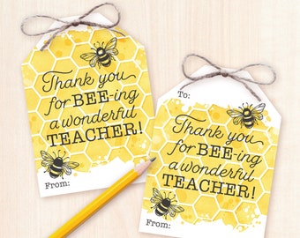 Teacher Appreciation Gift Tag Thank you for BEEing Teacher Printable Teacher Gift Tag End of Year Class Gift from Student Honey Bee Tea Soap