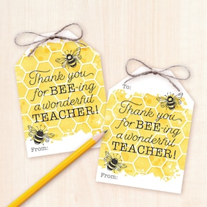 Teacher Appreciation Gift Tag Thank you for BEEing Teacher Printable Teacher Gift Tag End of Year Class Gift from Student Honey Bee Tea Soap