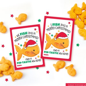 We FISH You a Merry Christmas Snack Tag Printable Goldfisch Crackers Klassenzimmer Schulgeschenk für Schüler von Lehrer Klassenkameraden Ferien Kinder
