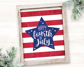 Happy 4th of July party Decor, Fourth of July Decorations PRINTABLE Happy Fourth of July Sign Patriotic Decor Red Blue Sign Independence Day