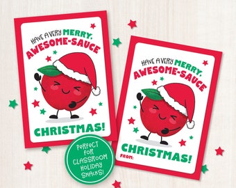 Printable Applesauce Christmas Tag Classroom Non-Candy Treat for School Snack Gift for Students from Teacher or Classmates Kid Holiday Favor