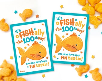 100 Days of School Printable Snack Tags for Students Happy 100th Day of School Classmate Teacher Fish Crackers Goldfish Tags Classroom Treat