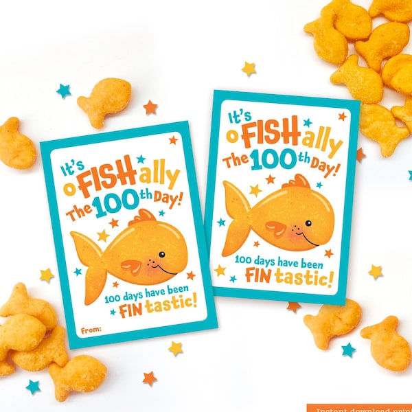 100 Days of School Printable Snack Tags for Students Happy 100th Day of School Classmate Teacher Fish Crackers Goldfish Tags Classroom Treat