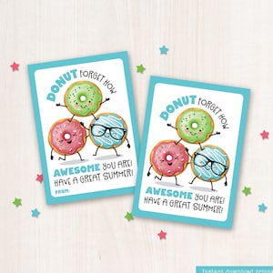 Etiqueta imprimible para el último día de clases Etiqueta para golosinas en el aula Etiquetas para donas Vacaciones de verano Fin de año escolar Regalo para estudiantes Regalo del maestro Donas