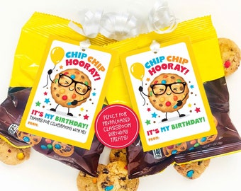 Afdrukbare traktatie-tag Klaslokaal verjaardag bedankkaartje Rainbow Chip Chocolate Chip Cookie School Party Chip Hoera Kid Birthday Party Tag