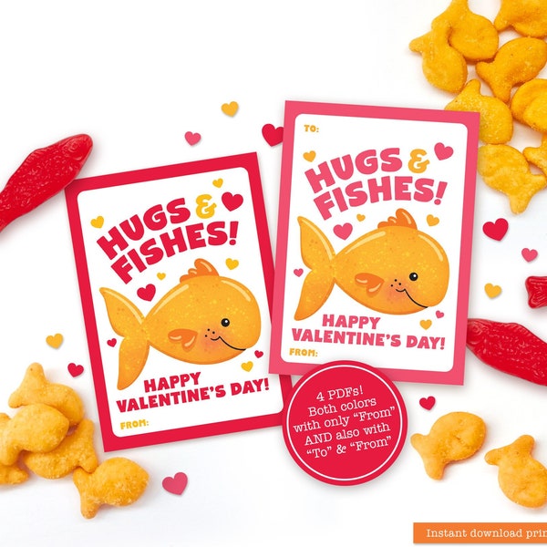 Printable Valentine Fish Tag for Kids Gummy Fish Goldfish Valentine Greeting Cards Classroom School Students Teacher Classmate Snack Treats