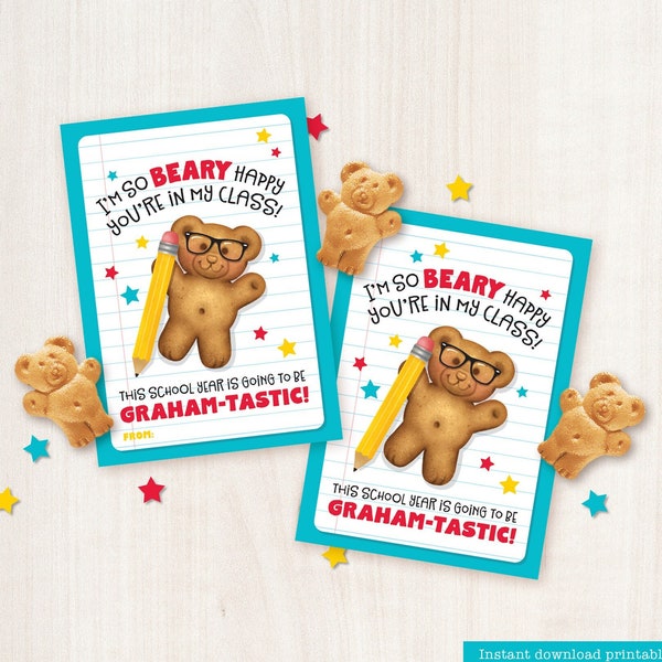 First Day of School Printable Tag Classroom Treat Tag Teddy Bear Grahams Back to School Year Gift for Students from Teacher Classmates Class