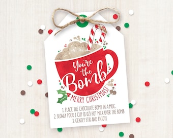 Etiquetas imprimibles para bombas de chocolate caliente. Instrucciones para imprimir etiquetas para bombas de chocolate caliente. Etiquetas para regalos de Navidad. Etiquetas para festividades. Regalos de Navidad para maestros. Oficina.