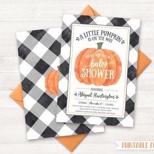 May include: A printable baby shower invitation with a black and white checked background. The invitation features a watercolour illustration of a pumpkin with the text "A Little Pumpkin is on the Way" and "Please join us for a baby shower". The invitation also includes the name "Abigail Huntington" and the date and time of the shower.
