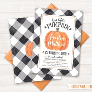 May include: A printable invitation for a first birthday party with a black and white checked background. The invitation features a watercolour pumpkin with the text "Our little PUMPKIN Preston Matthew is turning one!" and details for the party.