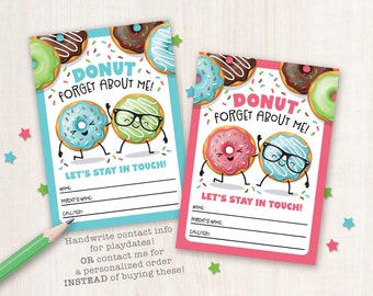 Playdate Card Last Day of School Printable Donut Forget Calling Card Tags End of School Year Student Contact Info Summer Break Keep in Touch