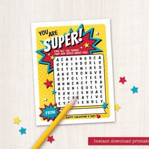 Tarjeta de San Valentín IMPRIMIBLE para niños Sopa de letras de San Valentín Aula San Valentín Imprimible Día de San Valentín Superhéroe San Valentín Descargar DIY Escuela