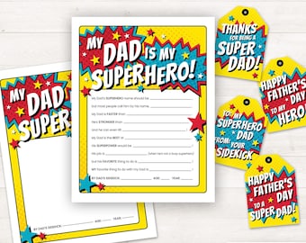 Fathers Day Gift from Kids Fathers Day PRINTABLE Fathers Day Card Gift Tags All About My Dad is My Superhero Fill In from Son Gift for Dads