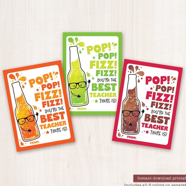 Printable Teacher Appreciation Week Tags Soda Tags Teacher Thank You Gift From Student Pop Fizz End of year gift PTO PTA Soft Drink Bottle