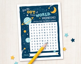 PRINTABLE Valentine Card for Kids Valentine Word Search Classroom Valentine Printable Valentines Day Space Valentine Download DIY School