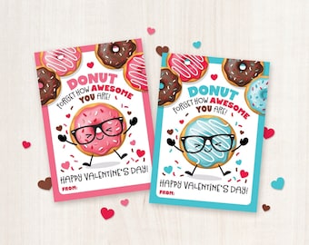 Kids Valentines Day Cards Donut Printable Valentine Treat Tags Kid Gifts for School Classroom Doughnuts from Teacher for Classmates, Labels