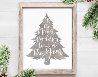 Holiday Sign Printable Christmas Sign Its the Most Wonderful Time of the Year Printable Wall Art Farmhouse Christmas Decor Grey Watercolor