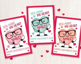 Printable Valentines for Kids Conversation Heart Candy Valentines Card School Valentines Teacher Card You Make My Heart Smile Treat Tags