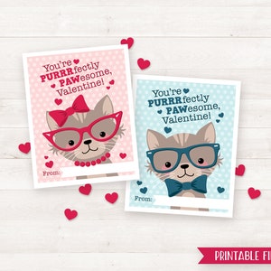 Cartes imprimables de la Saint-Valentin pour les enfants, chat de la Saint-Valentin pour les enfants, chat de la Saint-Valentin dans des verres, étiquettes de la Saint-Valentin, cartes imprimables de la Saint-Valentin