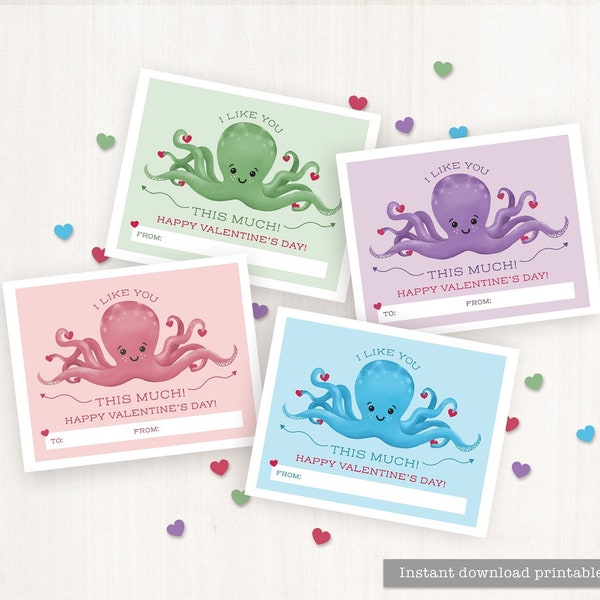 PRINTABLE Cute Valentine's Cards for Kids Octopus Valentines Classroom Valentines for School Valentines Printable Valentine's Day Cards Tags