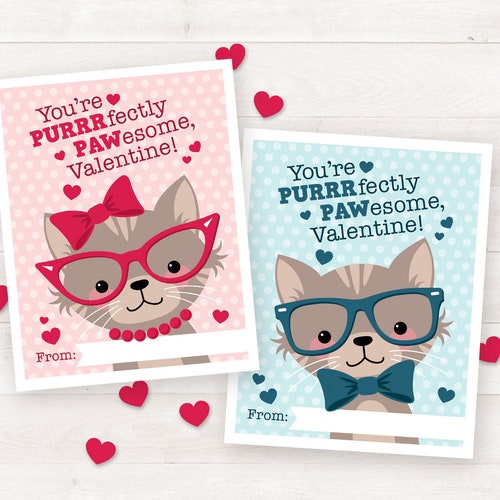 Printable Cat Valentine's Day Cards for Kids Classroom - Etsy
