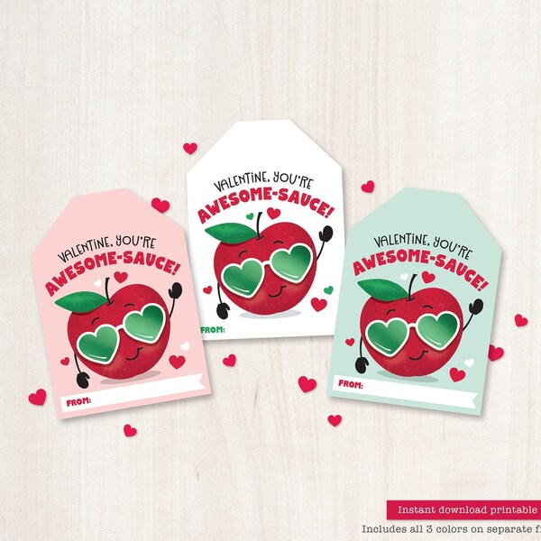 Kids Valentines Kids Valentine Cards Applesauce Valentine Tags Printable Valentines Day Gifts for School Classroom Awesomesauce Pouch Apple