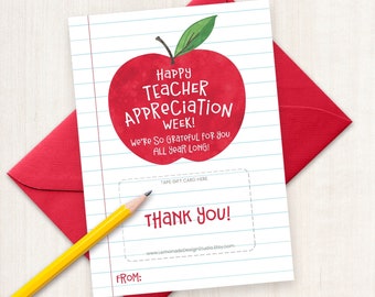 Teacher Appreciation Week Gift PRINTABLE Gift Card Holder Teacher Thank You Card Teacher Gift from Student PTO PTA Apple Gas Card Restaurant