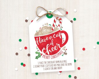Etiquetas imprimibles para bombas de chocolate caliente, instrucciones para bombas de chocolate caliente, etiquetas imprimibles para regalos de Navidad, etiquetas para fiestas, etiqueta de amigo invisible de Navidad para maestros