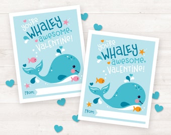 PRINTABLE Valentine Cards Kids Whale Valentines Classroom Valentines day kid gifts for School Valentines Printable Valentine's Day Cards Tag