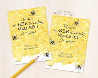 PRINTABLE Gift Card Holder Un-BEE-lievably Thankful Teacher Appreciation Bee Theme Card Appreciation Gift Administrative Assistant Gas Card