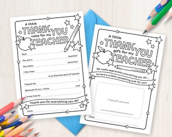 End of Year Teacher Gift Card Holder Teacher Appreciation Tag PRINTABLE Coloring Page Fill in the Blank Thank You Card All About My Teacher