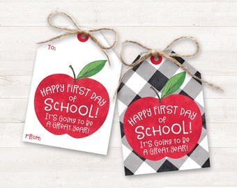 Back to School Teacher Gifts Printable Happy First Day of School Gift Tag, Student Gift Tags, Classroom Gifts Classmates Apple Buffalo Plaid