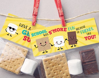 PRINTABLE End Year Gift Tags, Smores Tags, S'mores Favor Tags, Summer Party Favors, End of Year Student Gifts, Printable S'mores Class Treat