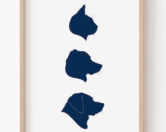 GROUP of 3 THREE Silhouettes - Pets Children Adults Family Portrait Digital Personalized Pet Gift Custom Dog Cat Portrait Printable Wall Art