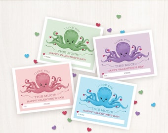 PRINTABLE Cute Valentine's Cards for Kids Octopus Valentines Classroom Valentines for School Valentines Printable Valentine's Day Cards Tags