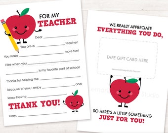 Teacher Appreciation PRINTABLE End of Year Teacher Gift Card Holder Teacher Thank You Card Appreciation week Gift Fill in blank Apple About