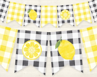 Lemon Banner PRINTABLE Lemonade Birthday Banner, Buffalo Plaid Banner Lemon Decor Bunting Party Banner, Lemonade Party Supplies, Gingham