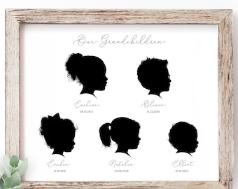 GROUP of FIVE 5 - Family Portrait Personalized Gift for Grandparents for Grandma Grandchildren Custom Silhouette Portrait Mothers Day Gift