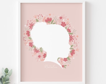 Floral Silhouette Portrait Mothers Day Gift Children's Room Decor Personalized Portrait Gift Child Silhouette Portrait Personalized Art Girl