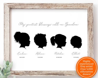 GROUP of FOUR 4 Silhouettes - Custom Family Portrait Personalized Gift for Grandparents Mom Custom Printable Last Minute Mothers Day Gifts