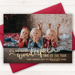 Afdrukbare kerstkaart, mooiste tijd van het jaar, foto kerstkaarten, foto gouden kerstkaart vakantie, afdrukbare kerstkaart kerstmis