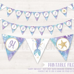 DRUCKBARE Meerjungfrau Banner, Meerjungfrau Bunting, Meerjungfrau Party Banner, Meerjungfrau alles Gute zum Geburtstag Banner, Meerjungfrau Party Dekorationen, Meerjungfrau Geburtstag Bild 1