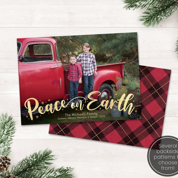 Photo Christmas Cards Peace on Earth Holiday Card Printable Christmas Card with photo Holiday Photo Card Files, Printable Card Template Gold