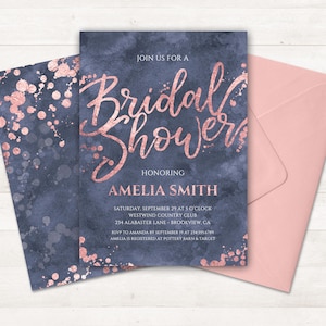 Printable Bridal Shower Invitation, Rose Gold Invitation, Navy and Pink Invitation, Navy Peony Ballet Slipper Pink, Watercolor Shower Invite