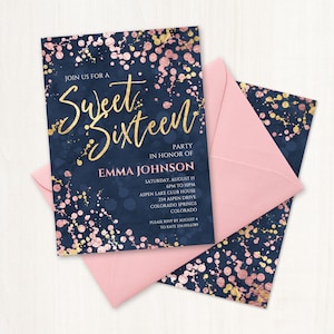 Sweet 16 Invitation Printable Sweet Sixteen Invitation Navy Gold Pink Sweet 16 Rose Gold Invitation Birthday Party Invitation Digital Invite